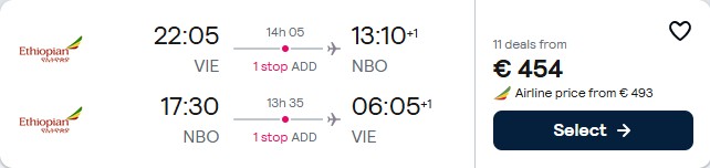 Click here to book this cheap flight deal. Cheap flights from Vienna, Austria to Nairobi, Kenya for only €454 roundtrip. Flight deal ticket image.