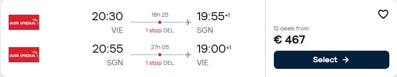 Click here to book this cheap flight deal. Cheap flights from Vienna, Austria to Ho Chi Minh City, Vietnam for only €467 roundtrip. Flight deal ticket image.