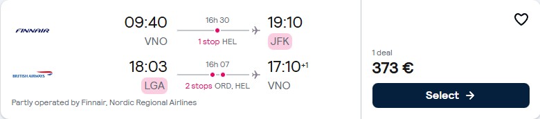 Click here to book this cheap flight deal. Cheap flights from the Baltics to New York, USA from only €373 roundtrip with Finnair and British Airways. Flight deal ticket image.