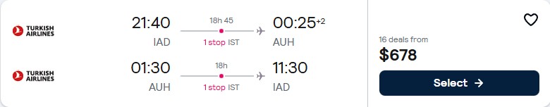 Click here to book this cheap flight deal. Cheap flights from Washington DC to Abu Dhabi or Dubai, UAE for only $678 roundtrip with Turkish Airlines. Flight deal ticket image.
