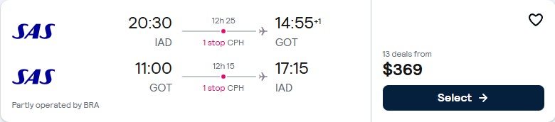 Cheap flights from Washington DC to Gothenburg, Sweden for only $369 roundtrip with Scandinavian Airlines. Flight deal ticket image.