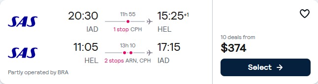 Cheap flights from Washington DC to Helsinki, Finland for only $374 roundtrip with Scandinavian Airlines. Flight deal ticket image.
