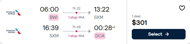 Click here to book this cheap flight deal. Cheap flights from Washington DC to St. Martin for only $301 roundtrip with American Airlines. Flight deal ticket image.