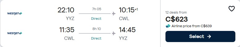 Click here to book this cheap flight deal. Non-stop flights from Toronto, Canada to Cardiff, UK for only $623 CAD roundtrip. Flight deal ticket image.