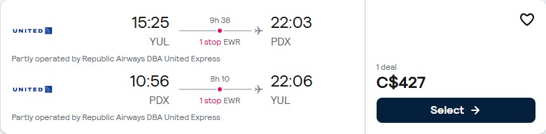 Click here to book this cheap flight deal. Cheap flights from Montreal, Canada to Portland, Oregon for only $427 CAD roundtrip with United Airlines. Flight deal ticket image.