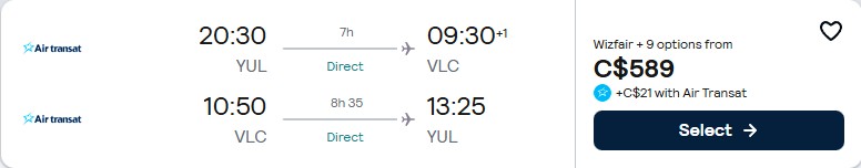 Non-stop flights from Montreal, Canada to Valencia, Spain for only $589 CAD roundtrip. Flight deal ticket image.