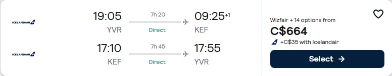 Click here to book this cheap flight deal. Non-stop flights from Vancouver, Canada to Reykjavik, Iceland for only $661 CAD roundtrip. Flight deal ticket image.