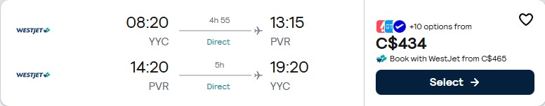 Click here to book this cheap flight deal. Non-stop flights from Calgary, Canada to Puerto Vallarta, Mexico for only $434 CAD roundtrip. Flight deal ticket image.
