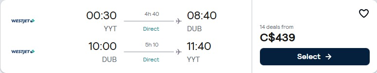 Click here to book this cheap flight deal. Non-stop flights from St. John's, Canada to Dublin, Ireland for only $439 CAD roundtrip. Flight deal ticket image.