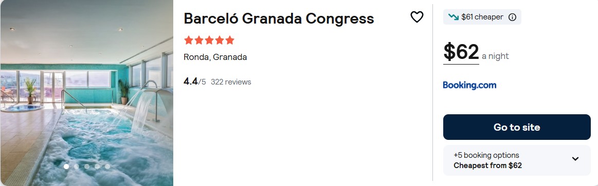 Click here to book this cheap flight deal. Stay at the 5* Barceló Granada Congress in Granada, Spain for only $62 USD per night. Flight deal ticket image.