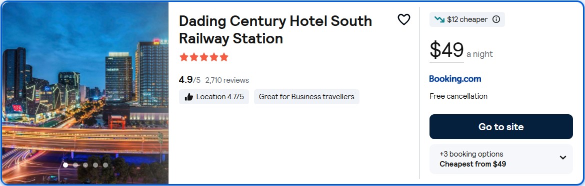 Click here to book this cheap flight deal. Stay at the 5* Dading Century Hotel South Railway Station in Chengdu, China for only $49 USD per night. Flight deal ticket image.