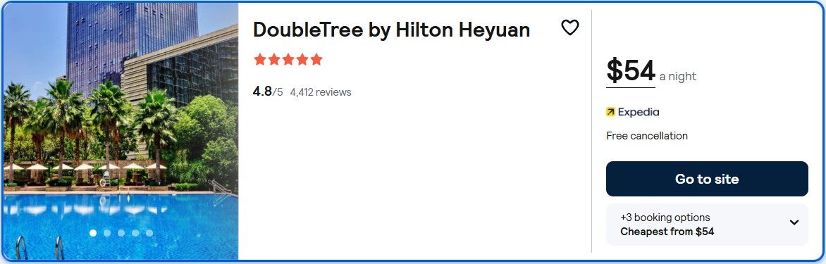 Stay at the 5* DoubleTree by Hilton Heyuan in Heyuan, China for only $54 USD per night. Flight deal ticket image.