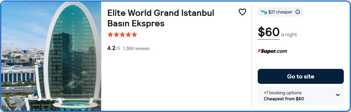Click here to book this cheap flight deal. Stay at the 5* Elite World Grand Istanbul Basın Ekspres in Istanbul, Turkey for only $60 USD per night over New Year. Flight deal ticket image.