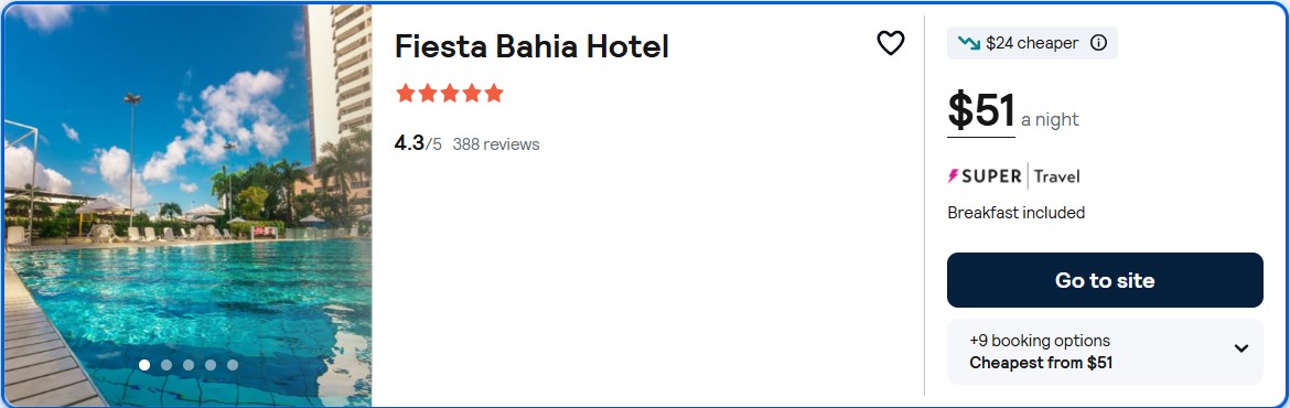 Click here to book this cheap flight deal. Stay at the 5* Fiesta Bahia Hotel in Salvador, Brazil for only $51 USD per night over Christmas. Flight deal ticket image.