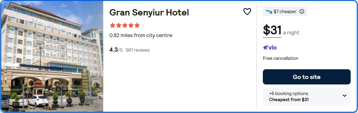 Click here to book this cheap flight deal. Stay at the 5* Gran Senyiur Hotel in Balikpapan, Indonesia for only $31 USD per night. Flight deal ticket image.