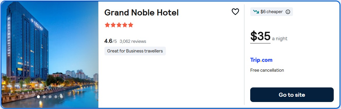 Click here to book this cheap flight deal. Stay at the 5* Grand Noble Hotel in Chengdu, China for only $35 USD per night. Flight deal ticket image.