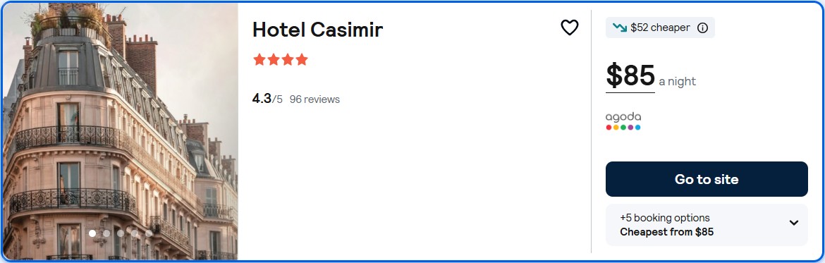 Stay at the 4* Hotel Casimir in Paris, France for only $85 USD per night. Flight deal ticket image.