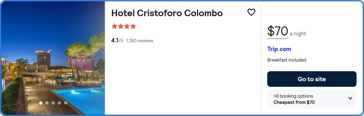 Click here to book this cheap flight deal. Stay at the 4* Hotel Cristoforo Colombo in Rome, Italy for only $70 USD per night. Flight deal ticket image.