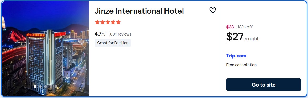 Click here to book this cheap flight deal. Stay at the 5* Jinze International Hotel in Yan’An, China for only $27 USD per night. Flight deal ticket image.
