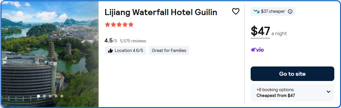 Click here to book this cheap flight deal. Stay at the 5* Lijiang Waterfall Hotel Guilin in Guilin, China for only $47 USD per night. Flight deal ticket image.