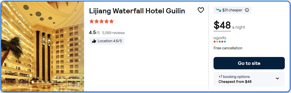 Stay at the 5* Lijiang Waterfall Hotel Guilin in Guilin, China for only $48 USD per night. Flight deal ticket image.