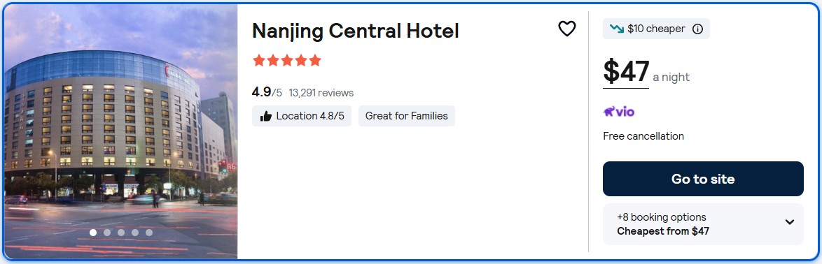 Click here to book this cheap flight deal. Stay at the 5* Nanjing Central Hotel in Nanjing, China for only $47 USD per night. Flight deal ticket image.