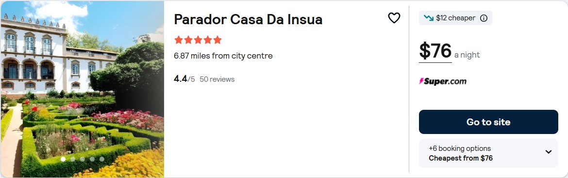 Click here to book this cheap flight deal. Stay at the 5* Parador Casa Da Insua in Penalva do Castelo, Portugal for only $76 USD per night. Flight deal ticket image.