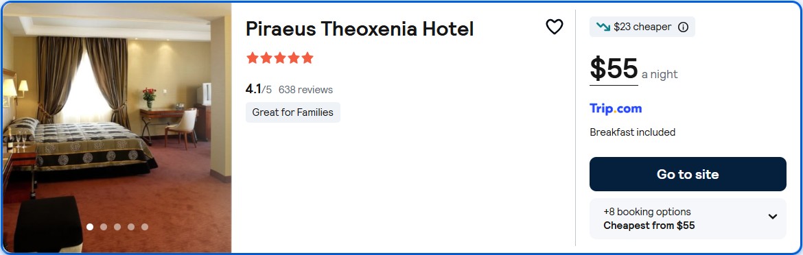 Click here to book this cheap flight deal. Stay at the 5* Piraeus Theoxenia Hotel in Athens, Greece for only $55 USD per night over Christmas and New Year. Flight deal ticket image.