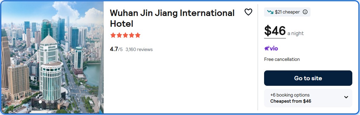 Click here to book this cheap flight deal. Stay at the 5* Wuhan Jin Jiang International Hotel in Wuhan, China for only $46 USD per night. Flight deal ticket image.