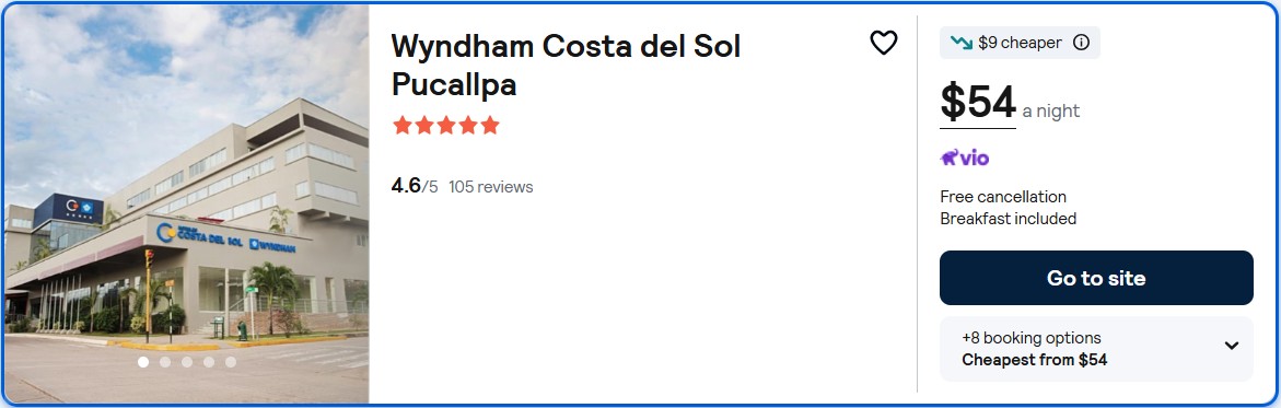 Click here to book this cheap flight deal. Stay at the 5* Wyndham Costa del Sol Pucallpa in Pucallpa, Peru for only $54 USD per night. Flight deal ticket image.
