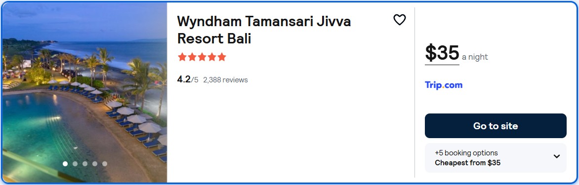 Stay at the 5* Wyndham Tamansari Jivva Resort Bali in Bali, Indonesia for only $35 USD per night. Flight deal ticket image.