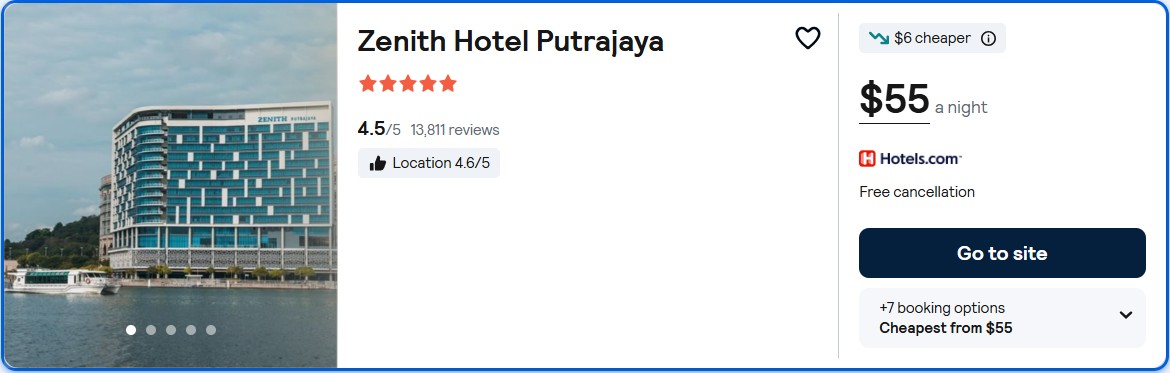 Click here to book this cheap flight deal. Stay at the 5* Zenith Hotel Putrajaya in Kuala Lumpur, Malaysia for only $55 USD per night. Flight deal ticket image.