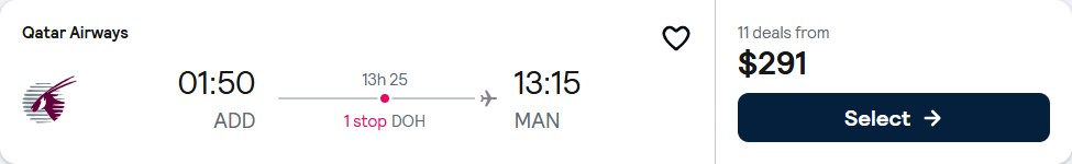Cheap flights from Addis Ababa, Ethiopia to Manchester, UK for only $291 USD one-way with Qatar Airways. Flight deal ticket image.