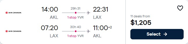 Cheap flights from Auckland, New Zealand to Los Angeles, USA for only $1205 NZD roundtrip with Air Canada. Flight deal ticket image.