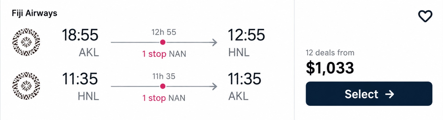 Cheap flights from Auckland, New Zealand to Honolulu, Hawaii for only $1033 NZD roundtrip with Fiji Airways. Flight deal ticket image.