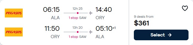 Cheap flights from Almaty, Kazakhstan to Paris, France for only $361 USD roundtrip. Flight deal ticket image.