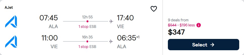Cheap flights from Almaty, Kazakhstan to Vienna, Austria for only $348 USD roundtrip. Flight deal ticket image.
