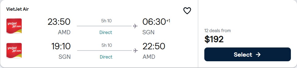 Click here to book this cheap flight deal. Non-stop flights from Ahmedabad, India to Ho Chi Minh City, Vietnam for only $192 USD roundtrip. Flight deal ticket image.