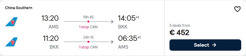 Cheap flights from Amsterdam, Netherlands to Bangkok, Thailand for only €452 roundtrip. Flight deal ticket image.
