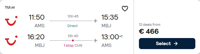 Click here to book this cheap flight deal. Cheap flights from Amsterdam, Netherlands to Montego Bay, Jamaica for only €466 roundtrip. Flight deal ticket image.