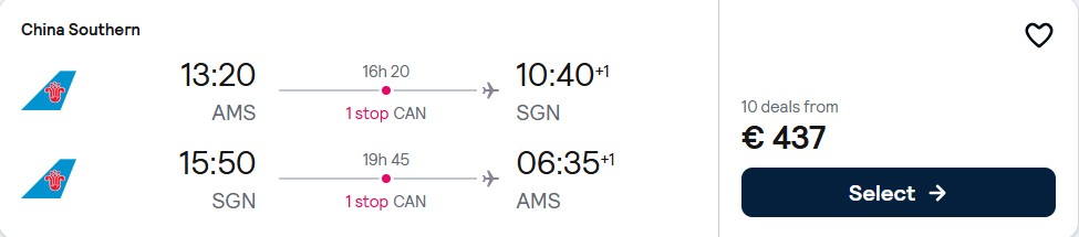 Cheap flights from Amsterdam, Netherlands to Ho Chi Minh City or Hanoi, Vietnam from only €437 roundtrip. Flight deal ticket image.