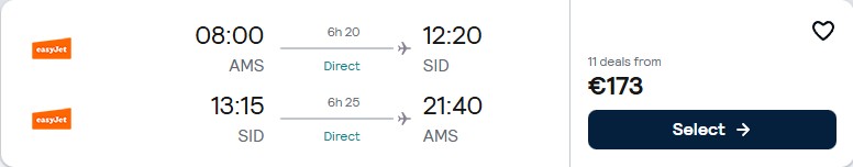 Non-stop flights from Amsterdam, Netherlands to Sal, Cape Verde for only €173 roundtrip. Flight deal ticket image.