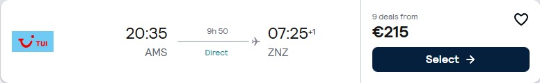 Click here to book this cheap flight deal. Non-stop flights from Amsterdam, Netherlands to Zanzibar, Tanzania for only €215 one-way. Flight deal ticket image.