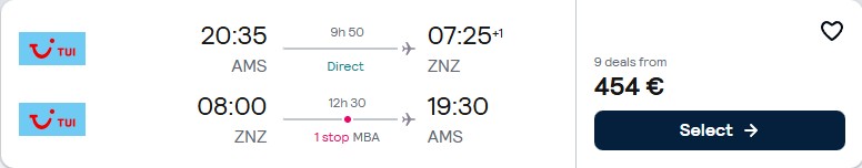 Cheap flights from Amsterdam, Netherlands to Zanzibar, Tanzania for only €454 roundtrip. Flight deal ticket image.