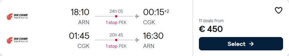 Cheap flights from Stockholm, Sweden to Jakarta, Indonesia for only €450 roundtrip. Flight deal ticket image.