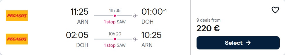Click here to book this cheap flight deal. Cheap flights from Stockholm, Sweden to Doha, Qatar for only €220 roundtrip. Flight deal ticket image.