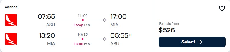 Cheap flights from Asuncion, Paraguay to Miami, USA for only $526 USD roundtrip with Avianca. Flight deal ticket image.