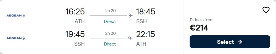 Click here to book this cheap flight deal. Non-stop flights from Athens, Greece to Sharm el Sheikh, Egypt for only €214 roundtrip with Aegean Airlines. Flight deal ticket image.