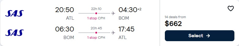 Click here to book this cheap flight deal. Cheap flights from Atlanta to Mumbai, India for only $662 roundtrip with Scandinavian Airlines. Flight deal ticket image.