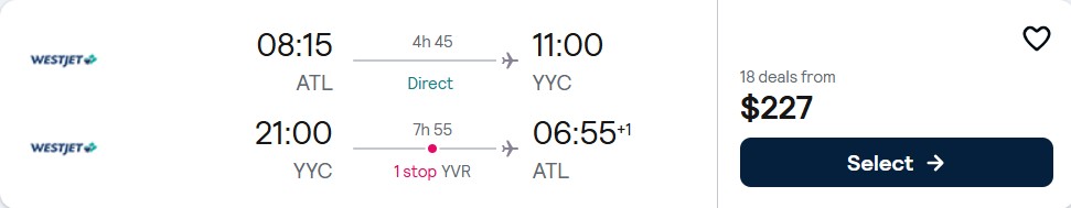Cheap flights from Atlanta to Calgary, Canada for only $227 roundtrip. Flight deal ticket image.